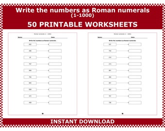 Escribe los números como números romanos del 1 al 1000. Números romanos del 1 al 1000. Hojas de trabajo de números arábigos a números romanos de ACMinimalist