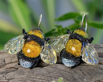 Dangle Bee earrings for women Bee jewelry birthsday gift  girlfriend unique dainty Bee earrings lampwork dichroic glass sterling silver