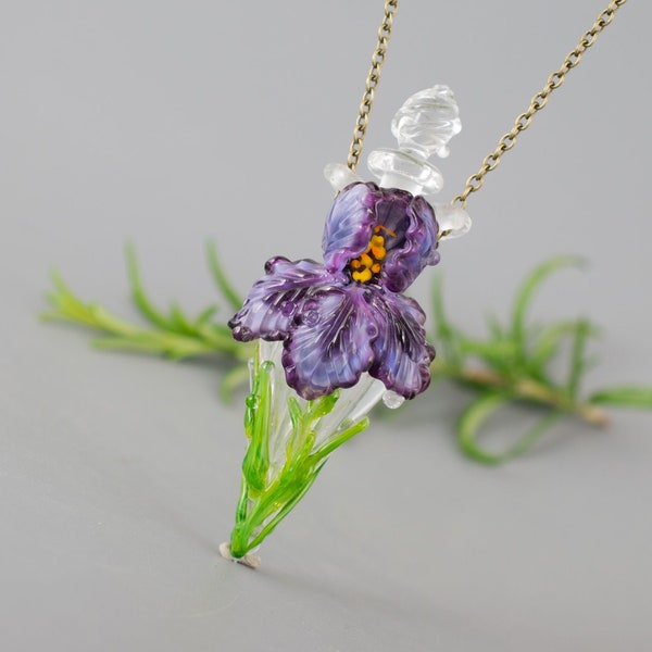 Collier de bouteille de parfum Pendentif aromathérapie Fleur d’iris Diffuseur d’huile essentielle cadeau Médaillon d’huile du zodiaque Lampwork pendentif de fruit en verre charme FS