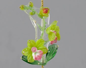 Lampwork focal bead Green orchid flower glass bead bijoux fabrication, bricolage collier bracelet kit verre fleur faite à la main composants de bijoux