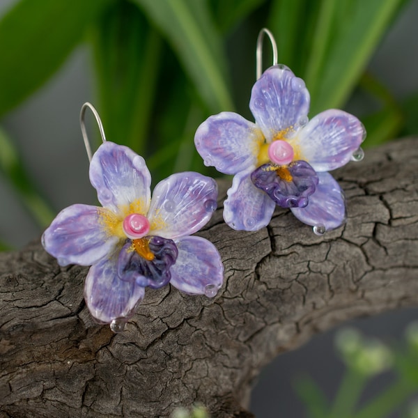 Purple flower earrings Glass lampwork orchid earrings Big light dangle earrings for women Weding earrings mother sister gift Birth flower FS