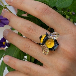 Bee ring Golden bee jewelry Dichroic glass ring Silver Lampwork bee jewelry for women Murano glass Handmade bee adjustable ring necklace