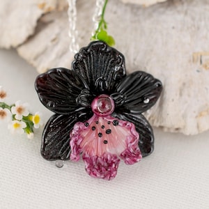 Flower necklace black orchid Costume jewelry Glass pressed flower jewelry for women birthday gift for her custom autumn jewelry pendant