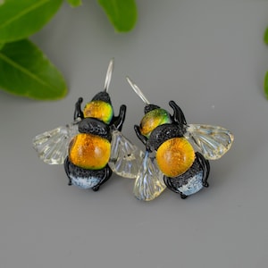 Dangle Bee earrings for women Bee jewelry birthsday gift girlfriend unique dainty Bee earrings lampwork dichroic glass sterling silver image 2