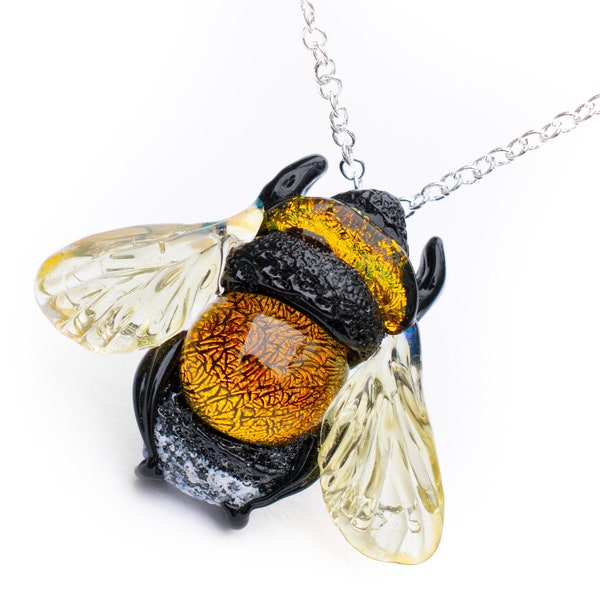 Gold Bee necklace Dichroic glass pendant Lampwork bee jewelry for women Murano glass Handmade bee necklace gift mother in law Charm decor FS