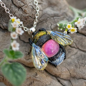 Bee necklace Pink dichroic glass pendant best friend gift bee jewelry mother daughter necklace queen bee sympathy long dictance gift