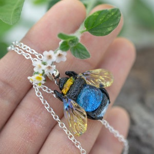 Bumble Bee jewelry Blue bee necklace bee gift Cottagecore jewelry for her Glass  bee charm necklace Insect jewelry handmade lampwork murano