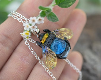 Bumble Bee jewelry Blue bee necklace bee gift Cottagecore jewelry for her Glass  bee charm necklace Insect jewelry handmade lampwork murano