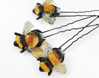 Hair pin accessories for women Bee pin handmade hair jewelry wedding Bumble bee hair pin Lampwork hair style jewelry enamel pins
