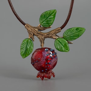 Handmade Pomegranate Necklace, Lampwork Glass Jewelry, Unique Red Fruit Pendant, Artisan Crafted Glass Necklace Gift