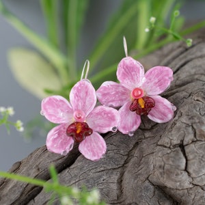 Pink flower earrings Glass orchid lampwork earrings Big light dangle earrings for women Weding earrings mother sister gift Birth flower