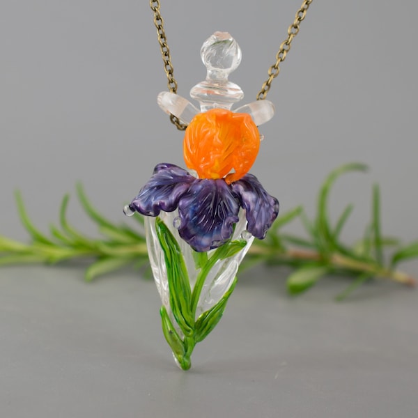 Perfume necklace bottle  jewelry Aromatherapy gift necklace Duffuser Perfume bottle necklace Handmade glass iris flower necklace