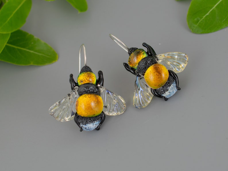 Dangle Bee earrings for women Bee jewelry birthsday gift girlfriend unique dainty Bee earrings lampwork dichroic glass sterling silver image 8