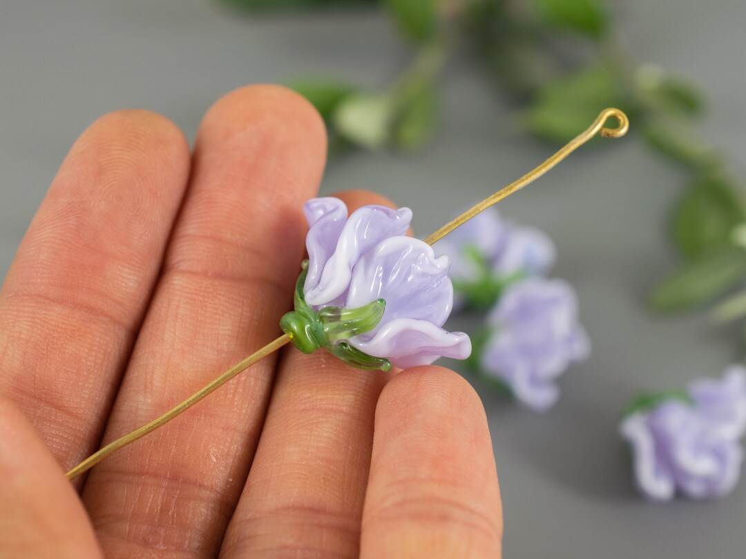 Glass Flower Beads Jewelry Making 1pc Violet Purple Lampwork Glass