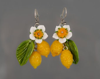 Lemon earrings Fruit Yellow summer earrings Dangle fruit flower earrings women Funny fruit jewelry  glass fruit earrings Handmade lampwork