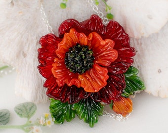 Poppy necklace , Poppy red glass necklace , red anemone charm , red flower jewerly ,  red flower necklace , red flower pendant