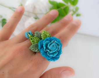 Großer Blumen Ring blau Rose Cocktailring Glas Ring Unikat handgefertigte Blume Schmuck Damen Statement Ring Murano Glas