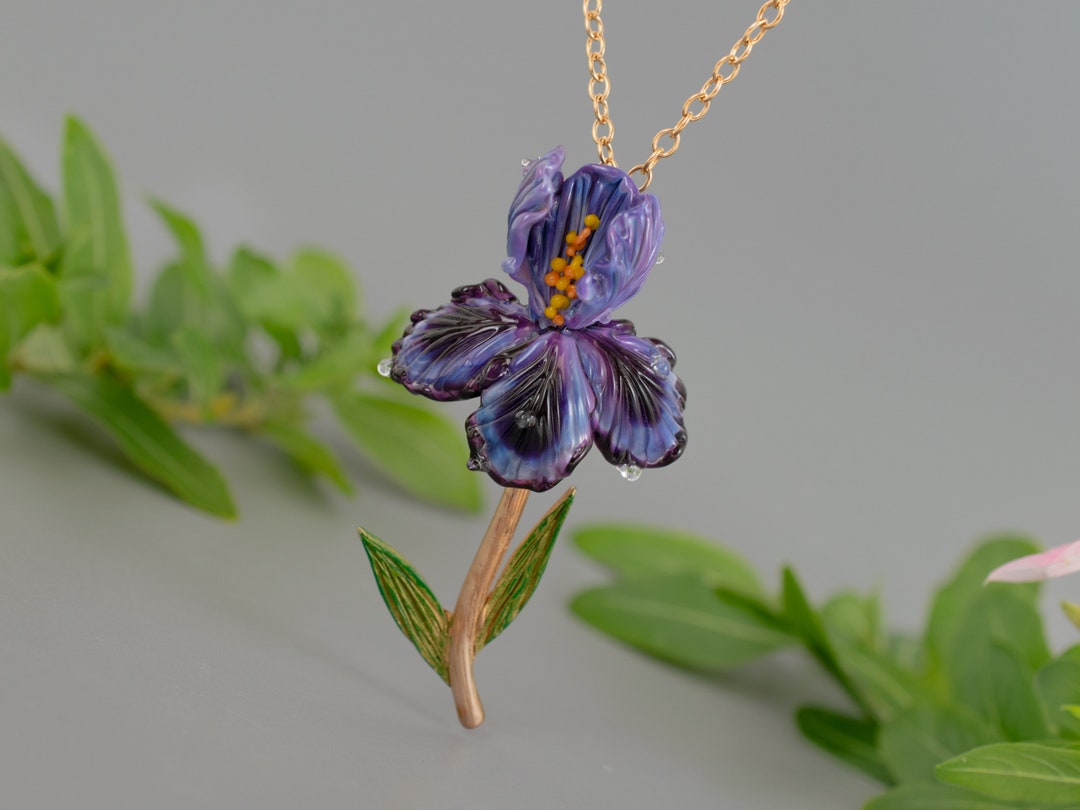 Purple Iris Flower Necklace Birth Flower Necklace Iris Pendant - Etsy