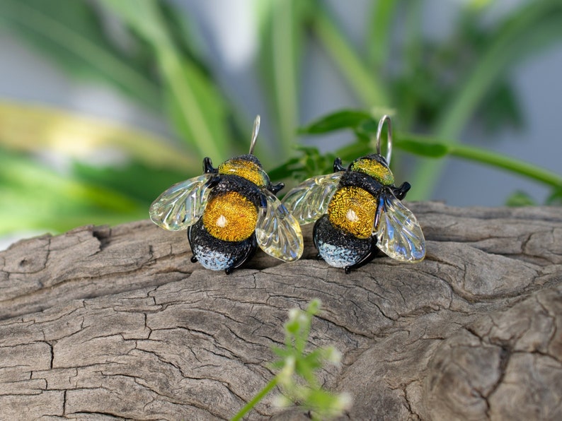 Dangle Bee earrings for women Bee jewelry birthsday gift girlfriend unique dainty Bee earrings lampwork dichroic glass sterling silver image 1