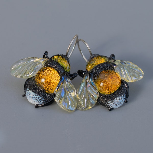 Handmade earrings for women Bee jewelry birthsday gift for girlfriend unique dainty Bee earrings lampwork dichroic glass sterling silver