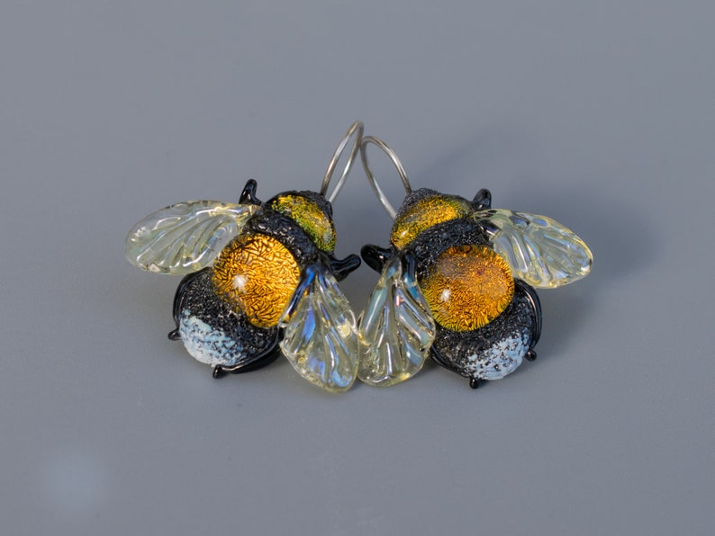 Dangle Bee earrings for women Bee jewelry birthsday gift girlfriend unique dainty Bee earrings lampwork dichroic glass sterling silver image 7