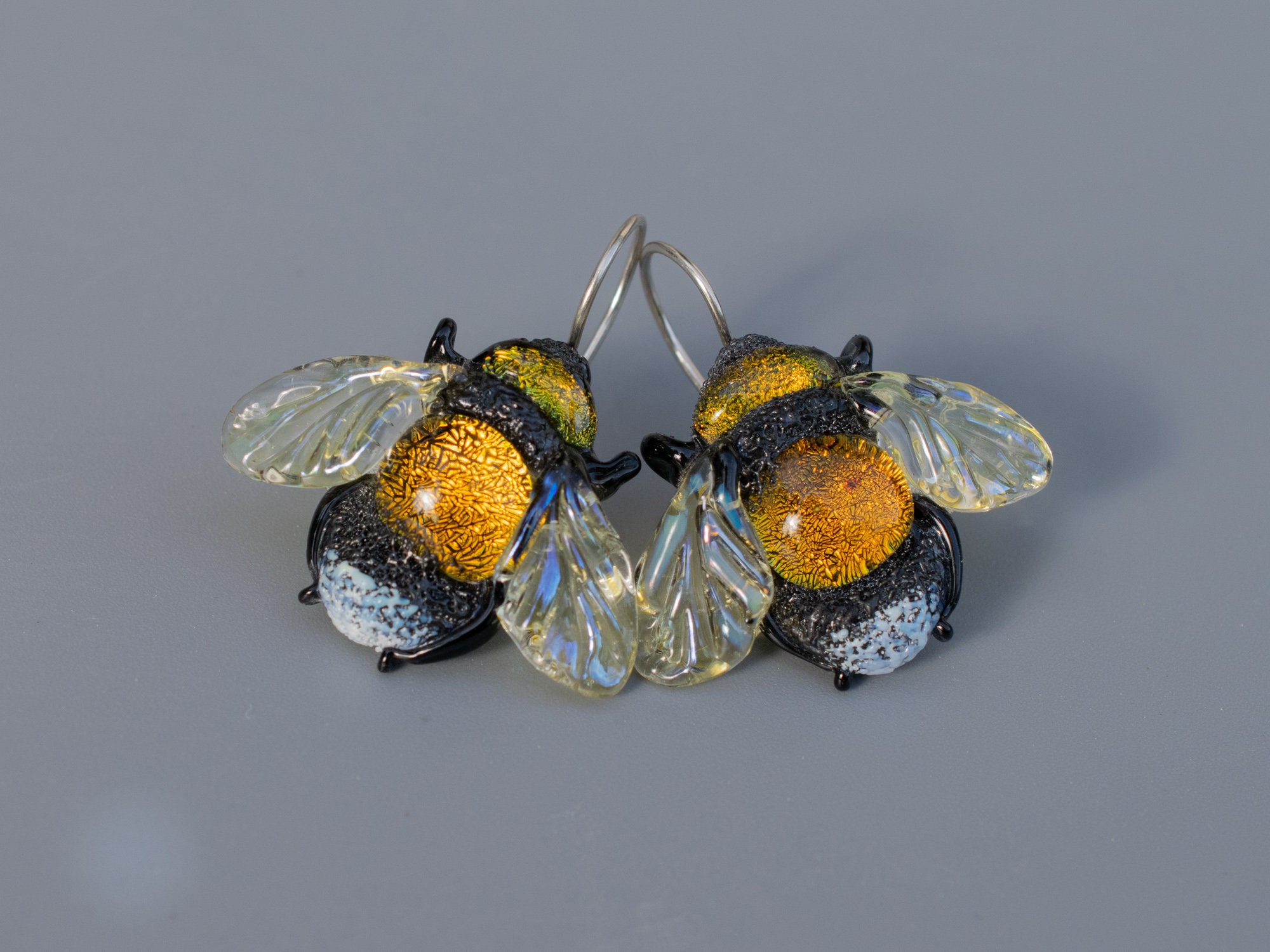 Handmade earrings for women Bee jewelry birthsday gift for girlfriend unique dainty Bee earrings lampwork dichroic glass sterling silver
