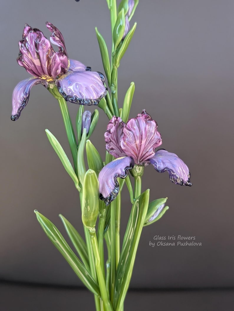 Violet Glass Iris Flower Stem, Handmade Art Glass Vase Flower ...