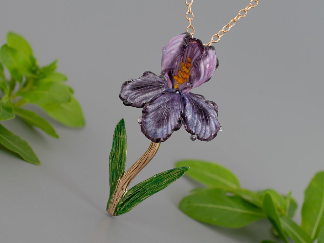Birth Flower Necklace Iris Flower Necklace Lampwork Glass Etsy