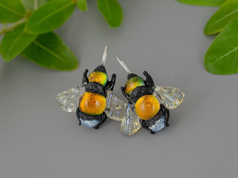Dangle Bee earrings for women Bee jewelry birthsday gift girlfriend unique dainty Bee earrings lampwork dichroic glass sterling silver image 2