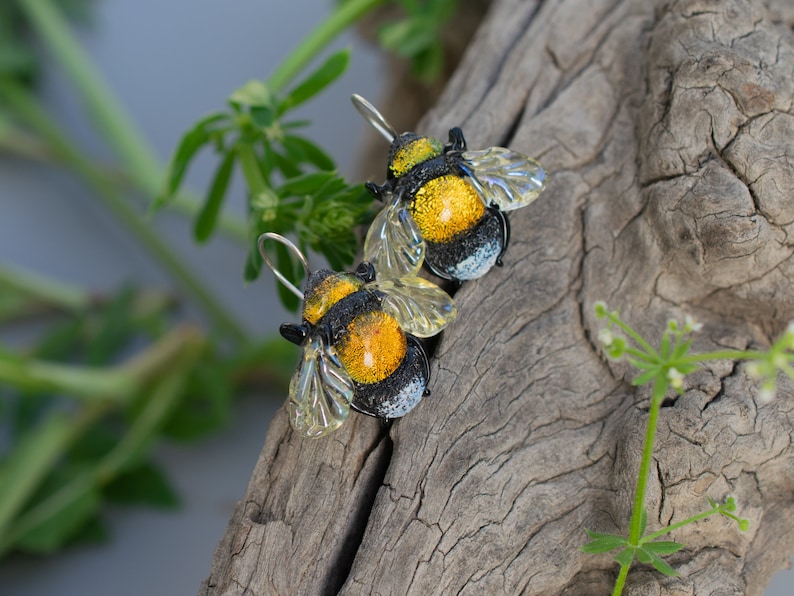 Dangle Bee earrings for women Bee jewelry birthsday gift girlfriend unique dainty Bee earrings lampwork dichroic glass sterling silver image 5