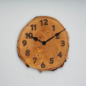 Könnte beinhalten: Eine Holzuhr mit schwarzen Zeigern und römischen Ziffern auf einer natürlichen Holzscheibe. Die Uhr hängt an einer weißen Wand.