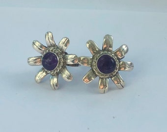 Vintage mexikanische Silber und Amethyst Daisy Ohrringe