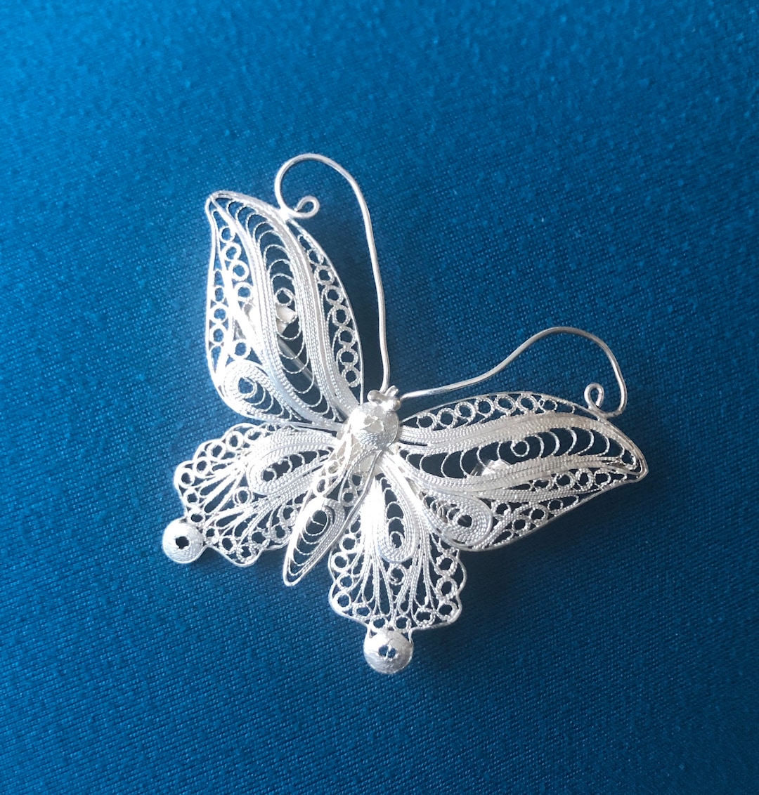 Broche Papillon Filigrane Argent 800 - Longueur 4 Cm, Marque B3, Origine France, Occasion