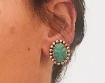 Vintage Mexican Silver and Jadeite Sun Mask Screw-back earrings