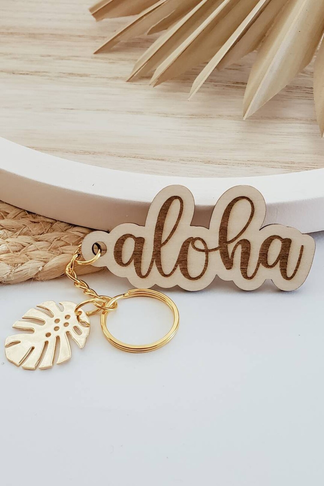 Hawaiian Keychain Aloha Monstera Keychain Engraved Keychain Hawaii Gift