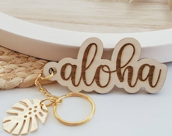 Engraved Wooden Aloha Keychain | Hawaii Gift with Gold Monstera Charm