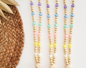 Boho Beaded LANYARD | wood bead lanyard with rainbow Pastel STAR beads | Boho teacher lanyard | gift for teacher necklace | Teokaikoa Texas