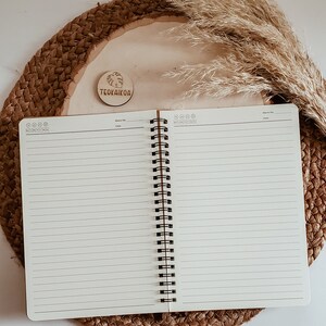 May include: An open spiral bound notebook with lined pages, resting on a woven straw mat. A wooden round tag with the text "TEOKAIKOA" is visible on the mat.
