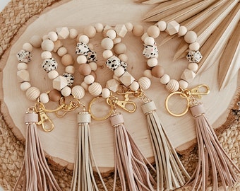Boho Neutral silicone beaded wristlet with PU tassel keychain bracelet beaded key fob boho wristlet wood beads mothers day gift for her