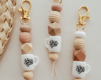 MAMA NEEDS COFFEE cup keychain | coffee lover gift for her | peach silicone and wood beads | neutral coffee keychain | Texas | Teokaikoa