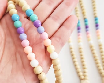 Boho Beaded LANYARD | wood bead lanyard with rainbow PASTEL beads | Boho teacher lanyard | gift for teacher necklace | Teokaikoa Texas