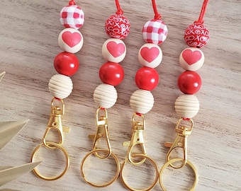 Cordón de cuentas de madera rojas de San Valentín / Cordón para profesor con forma de corazón