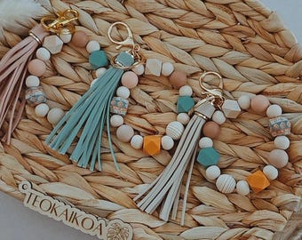 Boho Neutral silicone beaded wristlet with PU tassel keychain bracelet beaded key fob boho wristlet wood beads gift for her neutral, western