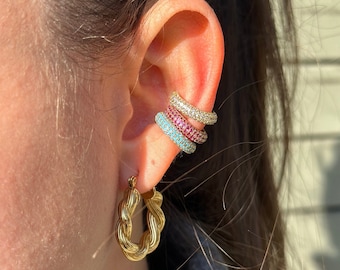 Pave EarCuff, Micro Pave EarCuff, Diamond ZC Ear Cuff, Gold, Silver, Pink, Purple, Blue Earcuff Hoop, Huggie Ear Cuff, no piercing