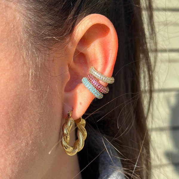 Pave EarCuff, Micro Pave EarCuff, Diamond ZC Ear Cuff, Gold, Silver, Pink, Purple, Blue Earcuff Hoop, Huggie Ear Cuff, no piercing