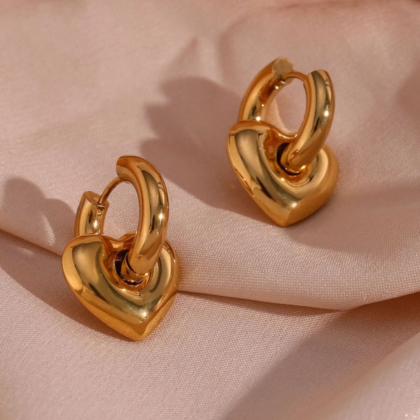 Gold hoop earrings, 18k Gold Plated, WATERPROOF, Heart Hoops, Chunky Trendy Earrings, Thick Hoop Earrings, Statement Adjustable Earrings