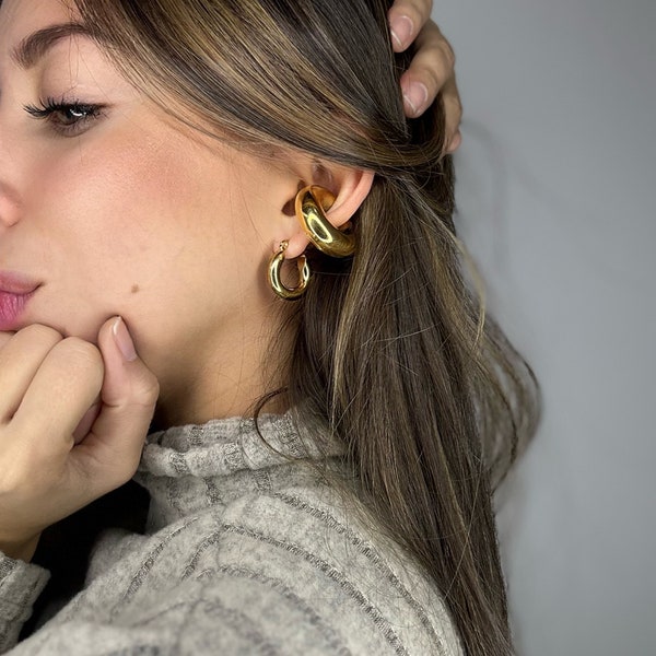 Gold hoop earrings, 18k Gold Plated, WATERPROOF, Star Hoops, Chunky Earcuff, Thick Hoop, Perfect gift for her, Christmas Gift for her