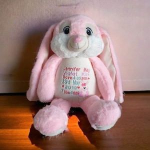 Rabbit Teddy Bear, Embroidered, Pink Bunny, Personalised, Gift, Adopt Me Plushie, Embroidery Bear, Plush Soft Toy, Bunny Teddy