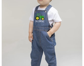 Peto vaquero con estampado de tractor bordado personalizado, peto vaquero infantil, conjunto de cumpleaños con temática de tractor, mono personalizado para niños, regalo con temática de granja.