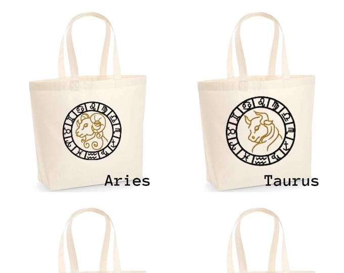 Sac fourre-tout signe du zodiaque, coton, brodé, sac à provisions, sac à bandoulière, horoscope, personnalisé, astrologie fourre-tout